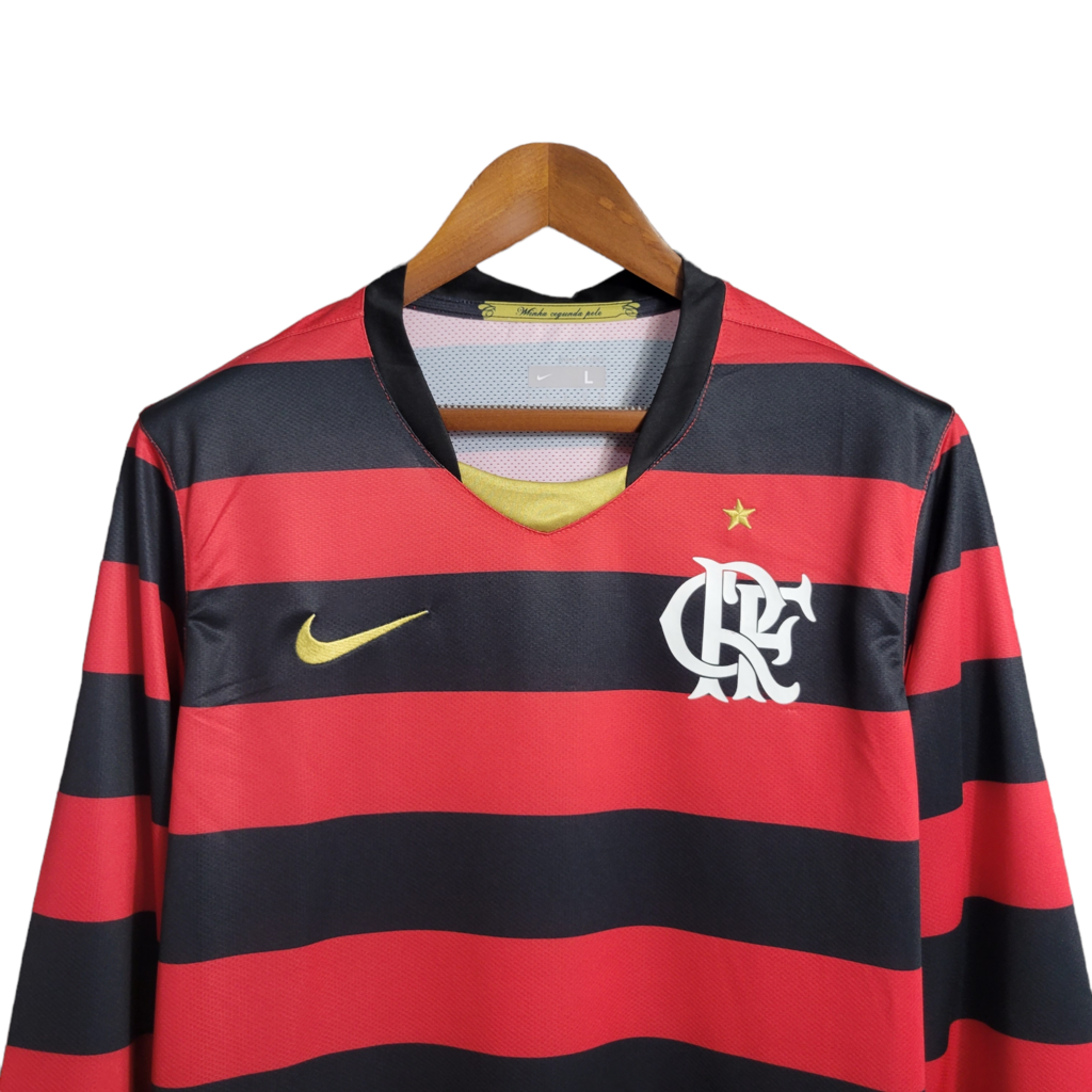 Camisa Flamengo I 2008/2009 Manga Longa - Retrô Nike - Vermelha e preta com detalhes em branco e dourado