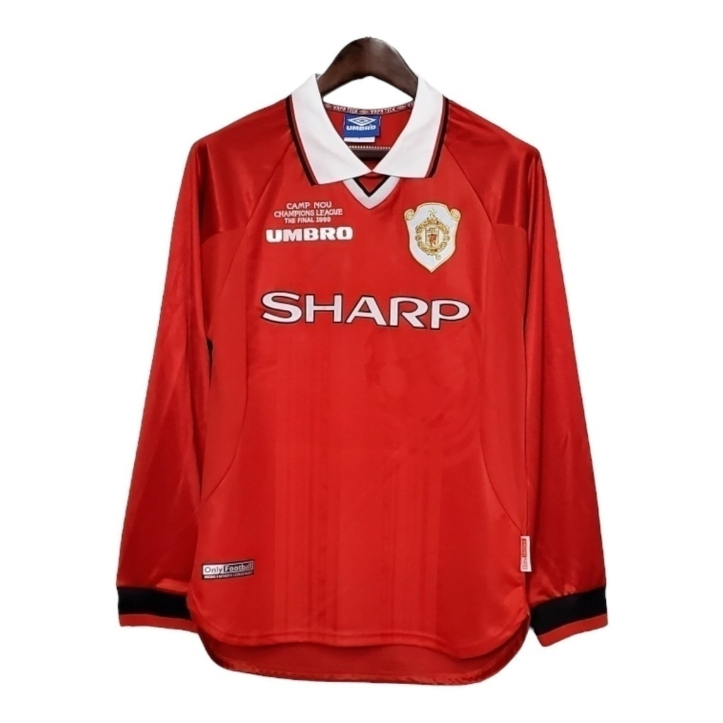 Camisa Manchester United I 1999/2000 Manga Longa - Retrô Umbro - Vermelha com detalhes em branco