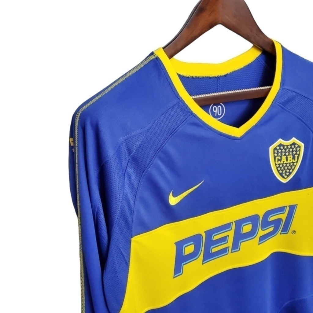 Camisa Boca Juniors 2003/2004 Manga Longa - Retrô Nike - Azul com detalhes em amarelo