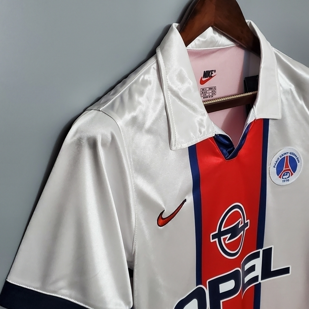 Camisa Paris Saint-Germain II 1998/1999 - Retrô Nike - Branca. azul e vermelha