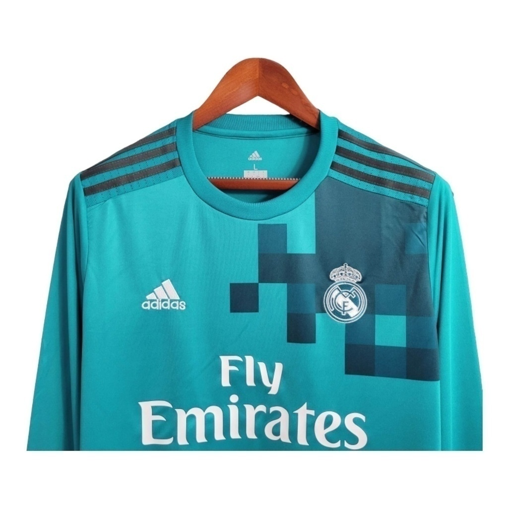 Camisa Real Madrid I 2017/2018 Manga Longa - Retrô Adidas - Verde água com detalhes em azul