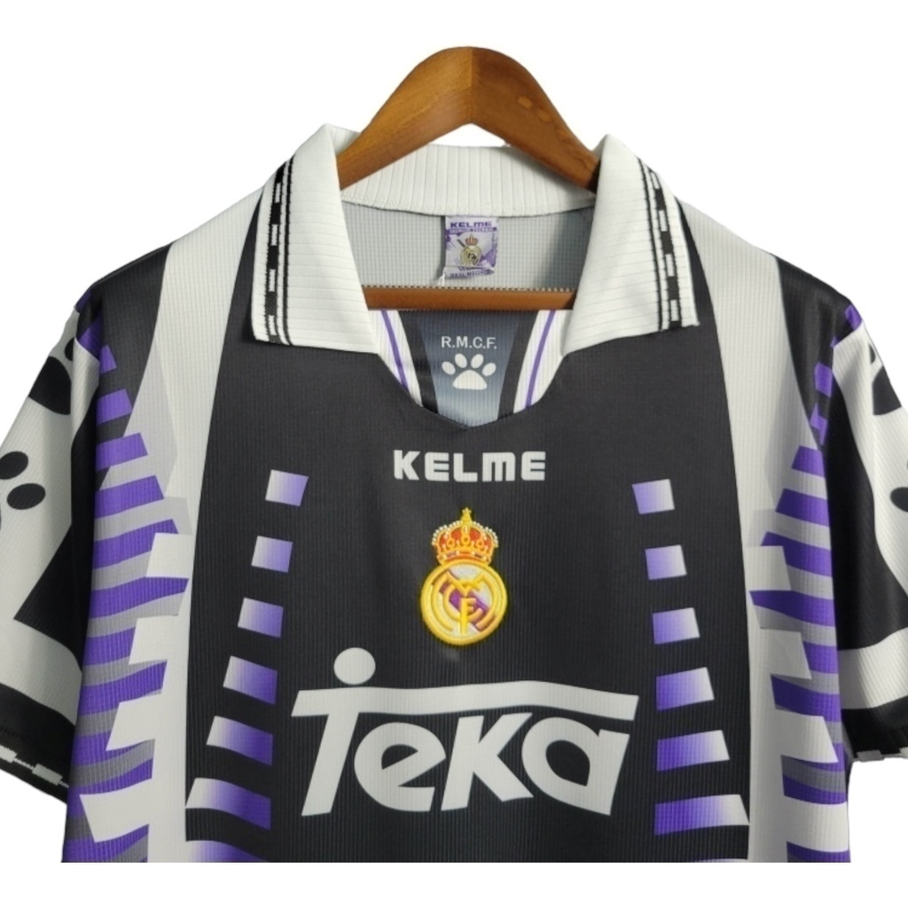 Camisa Real Madrid II 1997/1998 - Retrô Kelme - Branca com detalhes em preto e roxo