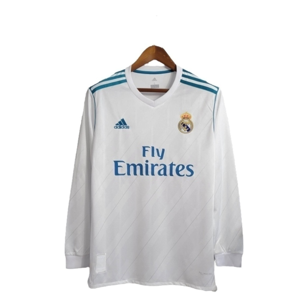 Camisa Real Madrid I 2017/2018 Manga Longa - Retrô Adidas - Branca com detalhes em azul