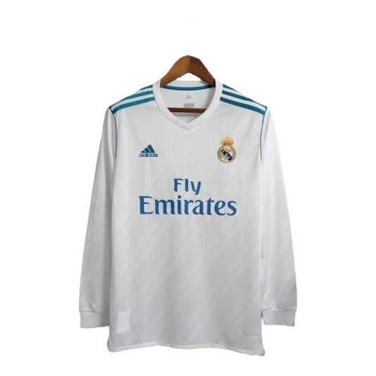 Camisa Real Madrid I 2017/2018 Manga Longa - Retrô Adidas - Branca com detalhes em azul
