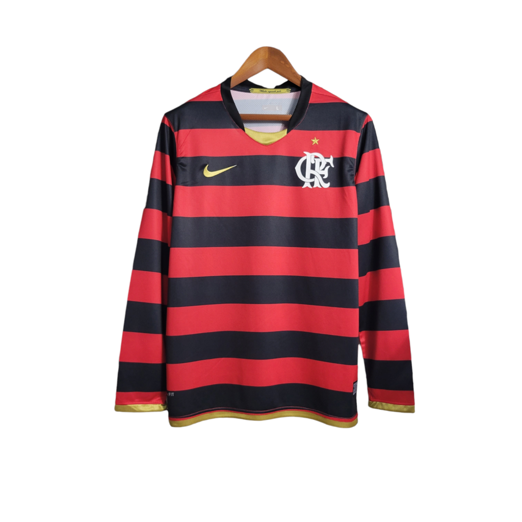 Camisa Flamengo I 2008/2009 Manga Longa - Retrô Nike - Vermelha e preta com detalhes em branco e dourado