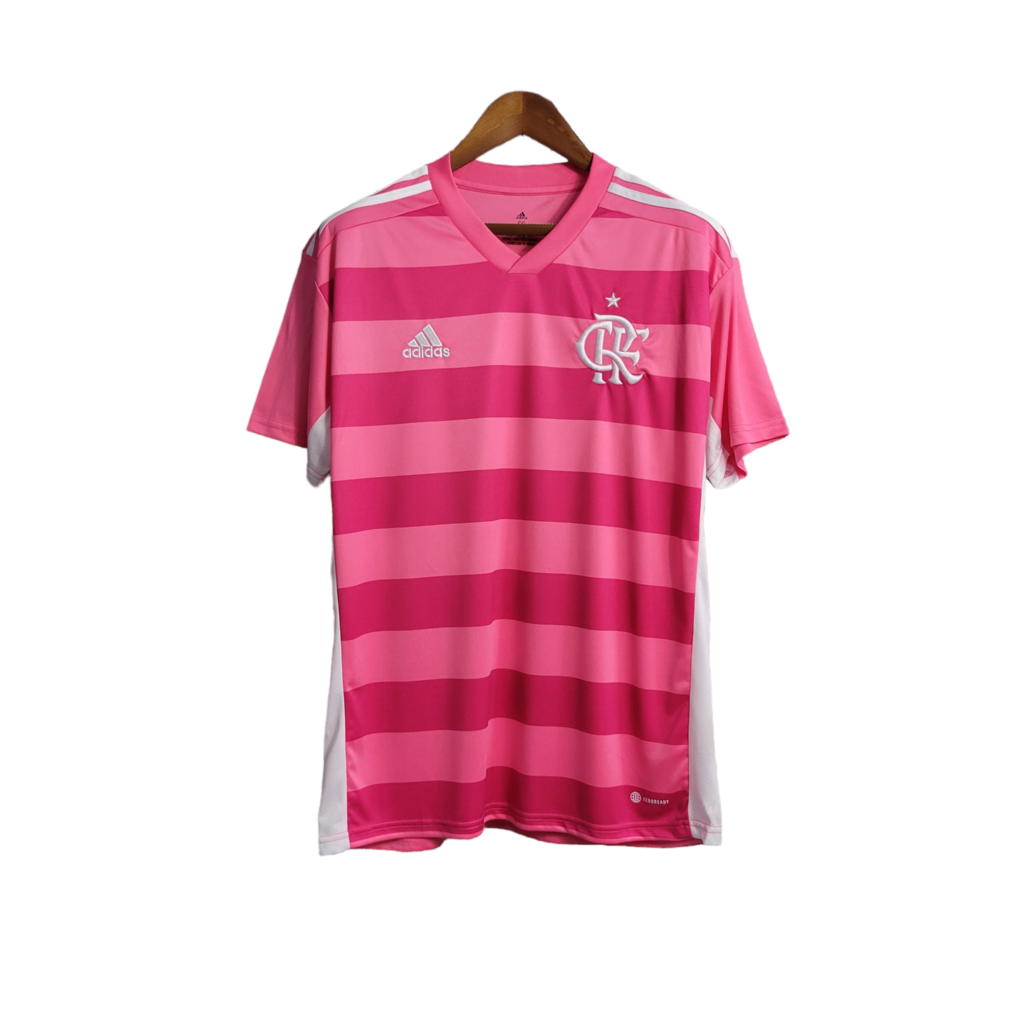 Camisa Flamengo Outubro Rosa 2022 - Retrô Adidas - Rosa em 2 tons e Símbolo em Branco