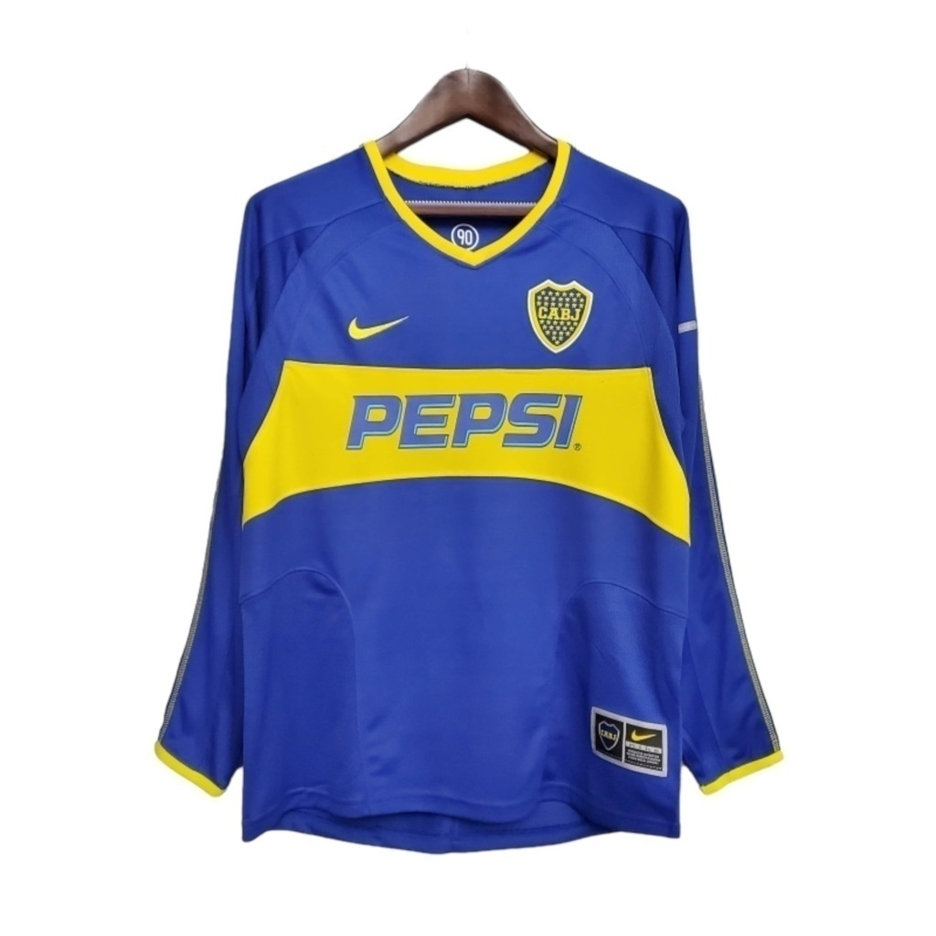 Camisa Boca Juniors 2003/2004 Manga Longa - Retrô Nike - Azul com detalhes em amarelo