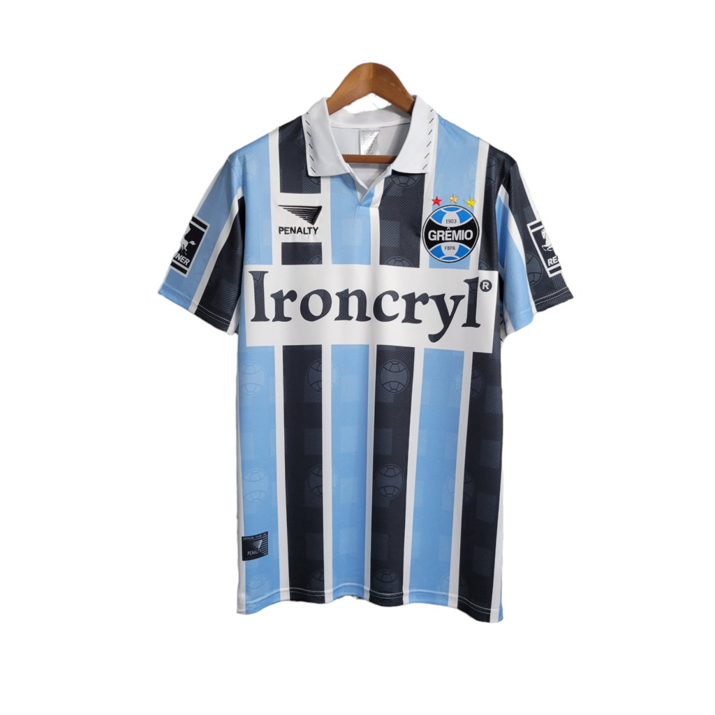 Camisa Grêmio I 1997/1998 - Retrô Penalty - Azul e preta com patrocínio Ironcryl
