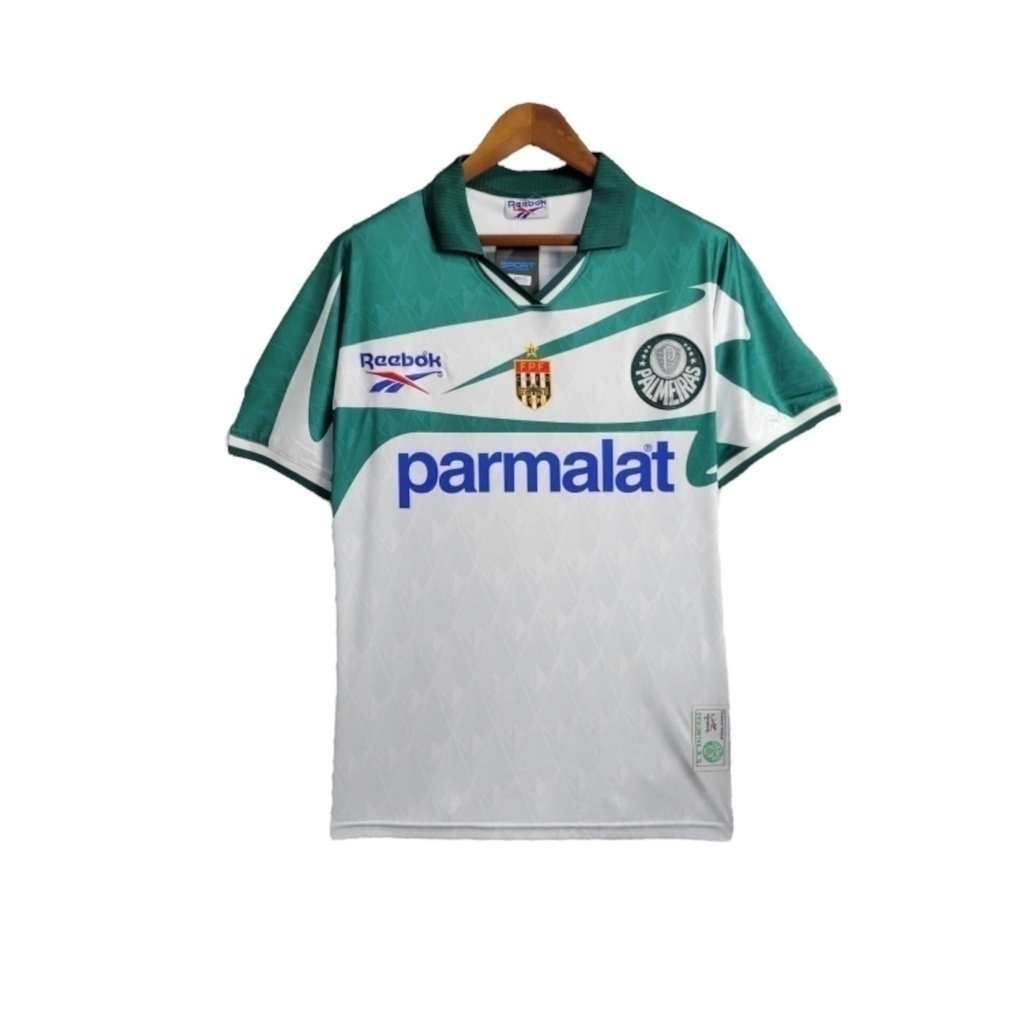 Camisa Palmeiras II 1996 - Retrô Reebok - Branca com detalhes em verde com patrocínio Parmalat