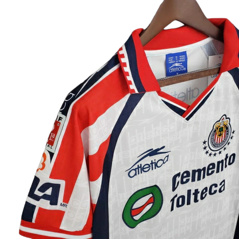 Camisa Chivas Guadalajara 1999/2000 - Retrô Atlética - Branca com detalhes em vermelho e azul com todos os patrocínios