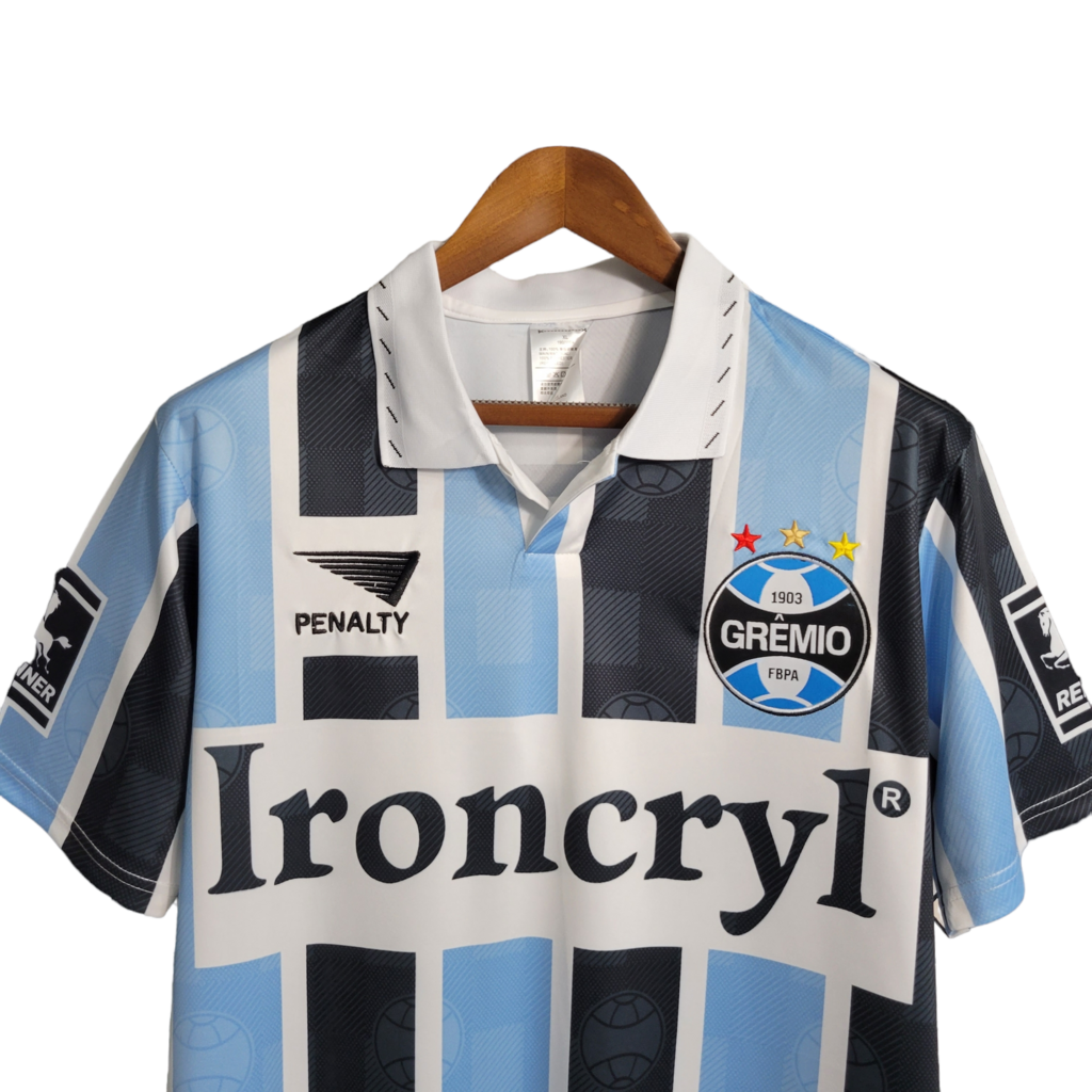 Camisa Grêmio I 1997/1998 - Retrô Penalty - Azul e preta com patrocínio Ironcryl