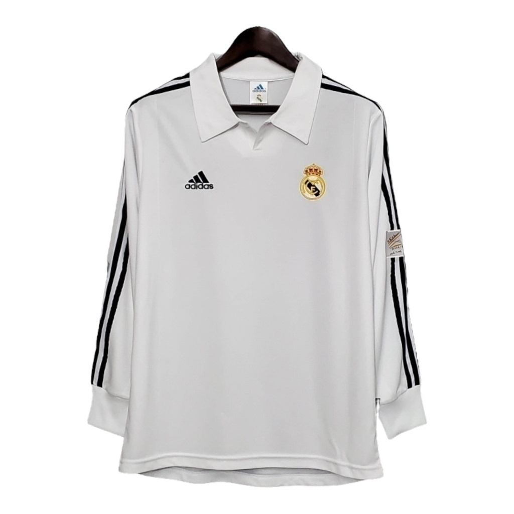 Camisa Real Madrid I 2002 Manga Longa - Retrô Adidas - Branca com listras pretas