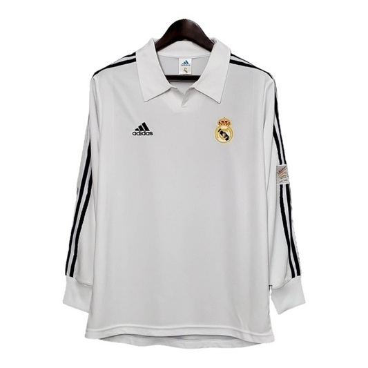 Camisa Real Madrid I 2002 Manga Longa - Retrô Adidas - Branca com listras pretas