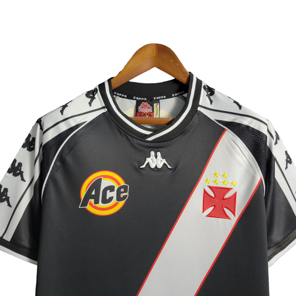 Camisa Vasco da Gama I Retrô 2000 - Retrô Kappa Masculino - Preta com faixa branca e detalhes em amarelo e vermelho
