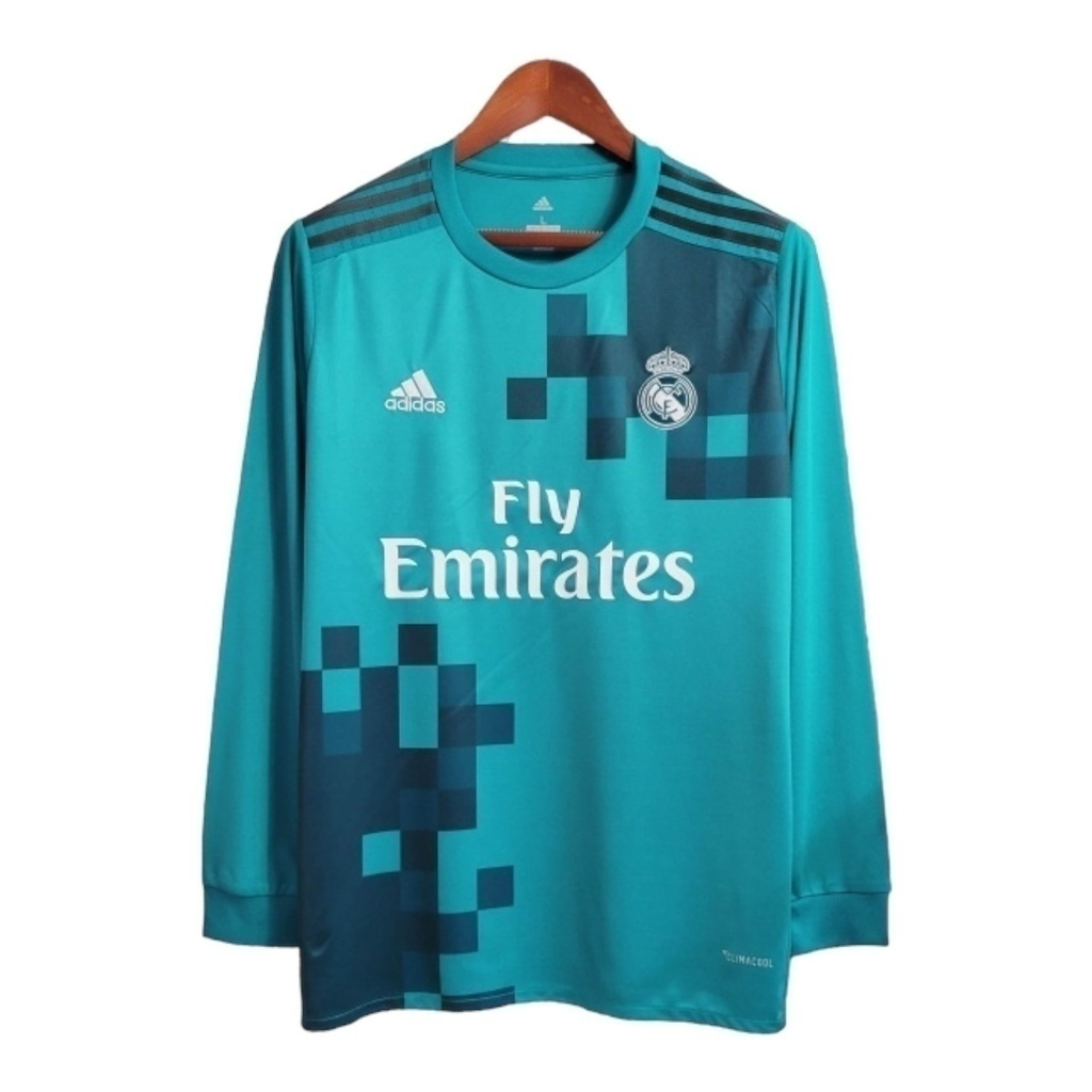 Camisa Real Madrid I 2017/2018 Manga Longa - Retrô Adidas - Verde água com detalhes em azul