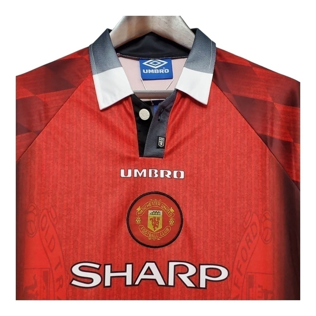 Camisa Manchester United I 1996 Manga Longa - Retrô Nike - Vermelha com detalhes em preto