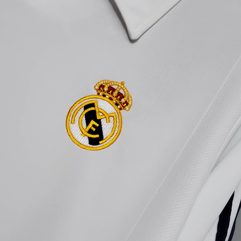 Camisa Real Madrid I 2002 Manga Longa - Retrô Adidas - Branca com listras pretas