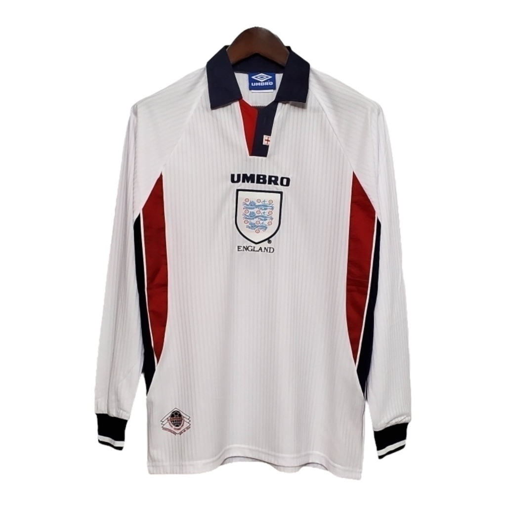 Camisa Seleção da Inglaterra I 1998 Manga Longa - Retrô Umbro - Branca com detalhes em azul e vermelho
