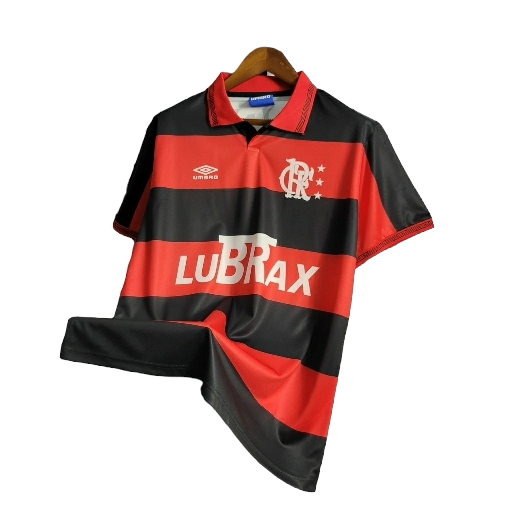 Camisa Flamengo I 1992/1993 - Retrô Umbro - Vermelha com detalhes em branco com patrocinio Lubrax