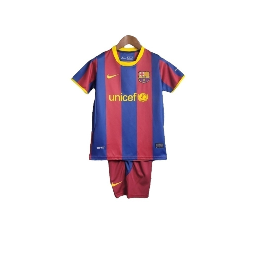 Conjunto Infantil Barcelona I 2010/2011 - Retrô Nike - Azul e vermelho com detalhes em amarelo