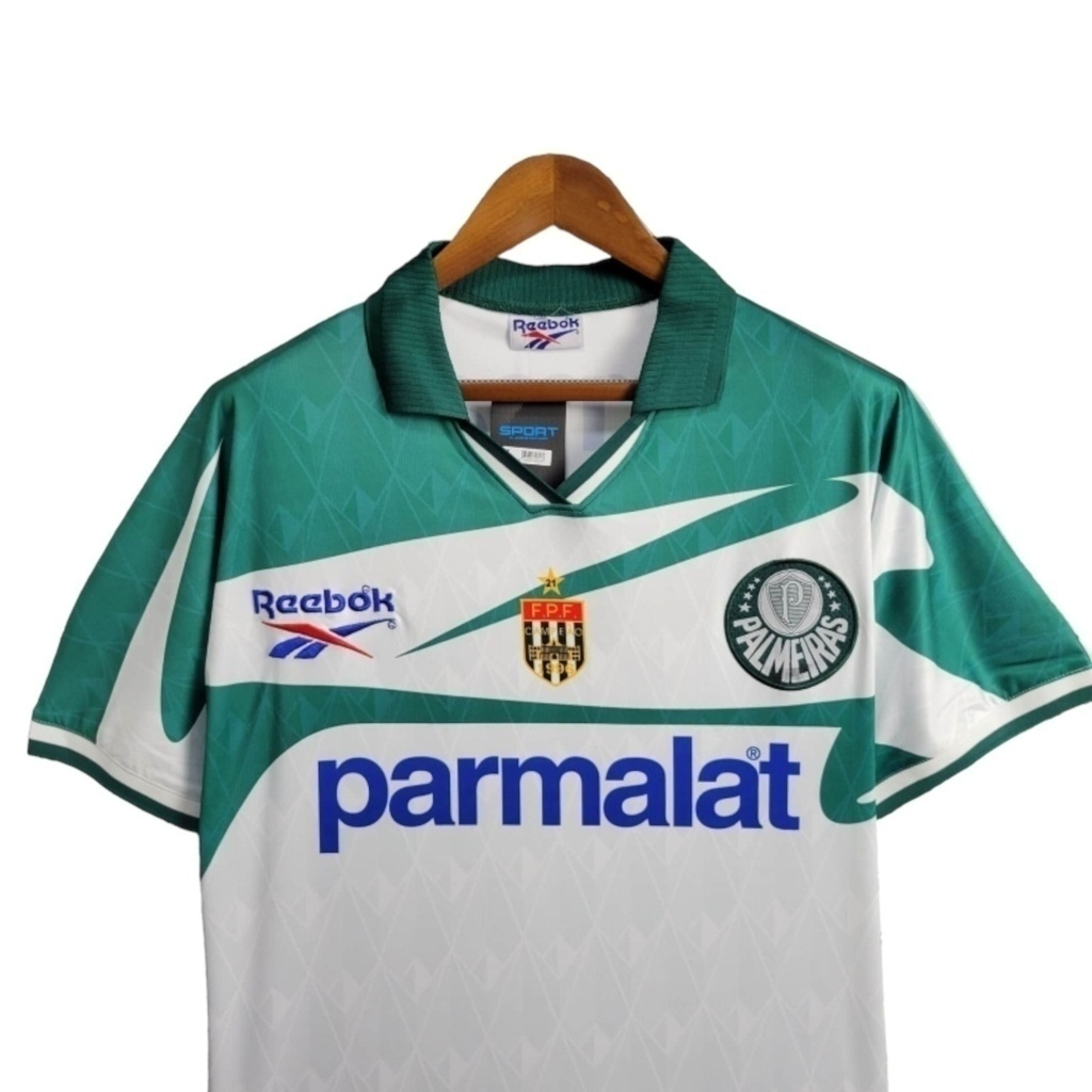 Camisa Palmeiras II 1996 - Retrô Reebok - Branca com detalhes em verde com patrocínio Parmalat