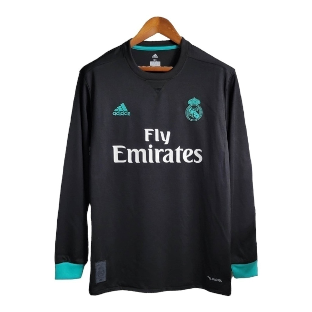 Camisa Real Madrid I 2017/2018 Manga Longa - Retrô Adidas - Preta com detalhes em verde