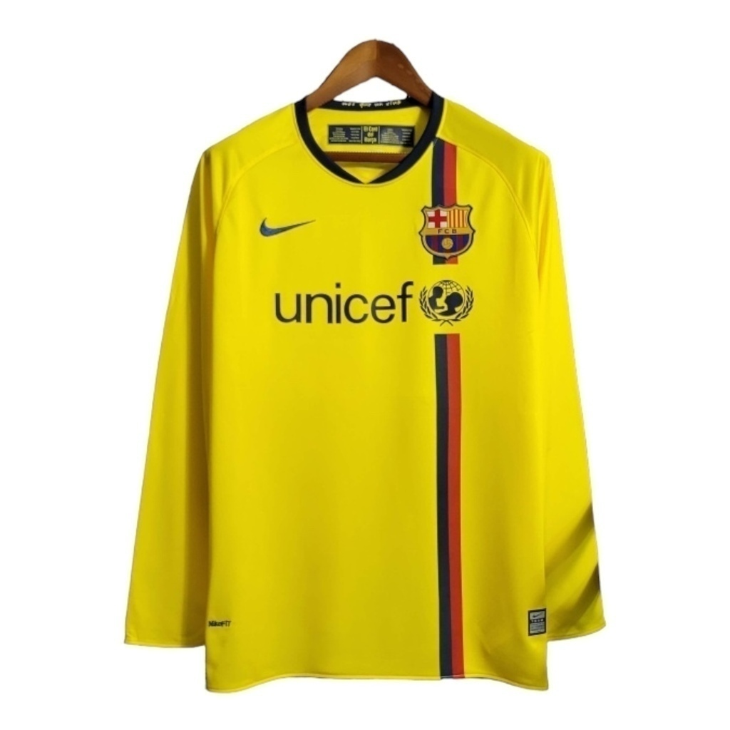Camisa Barcelona II 2008/2009 Manga Longa - Retrô Nike - Amarela com detalhes em azul e vermelho