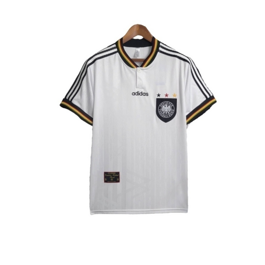 Camisa Manchester United 1996 - Retrô Umbro - Branca com detalhes em preto e vermelho e amarelo