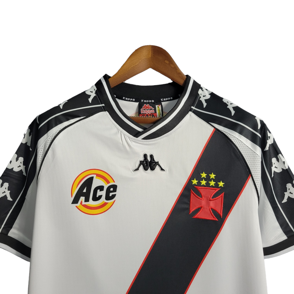 Camisa Vasco da Gama II Retrô 2000 - Retrô Kappa - Branca com a faixa em preto e detalhes em amarelo e vermelho