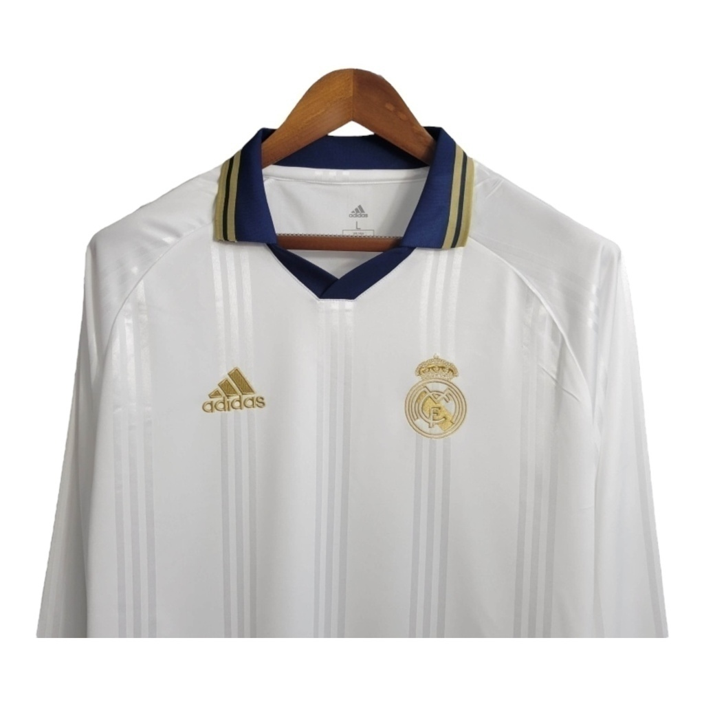 Camisa Real Madrid Treino 2019/2020 Manga Longa - Retrô Adidas - Branca com detalhes em azul e dourado