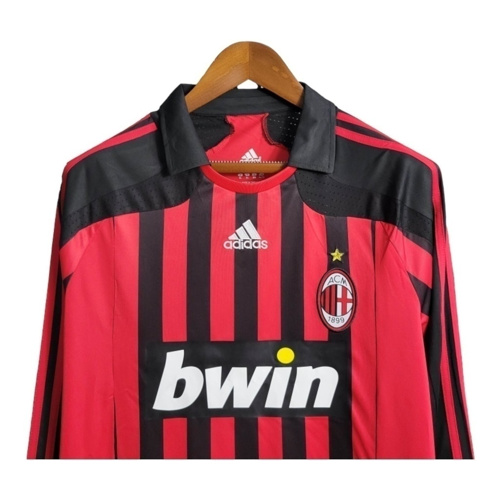Camisa AC Milan I 2007/2008 Manga Longa - Retrô Adidas - Vermelha e preta