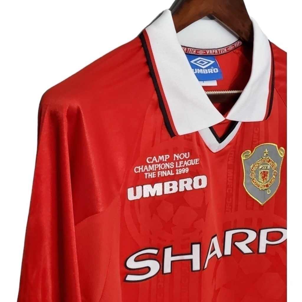 Camisa Manchester United I 1999/2000 Manga Longa - Retrô Umbro - Vermelha com detalhes em branco