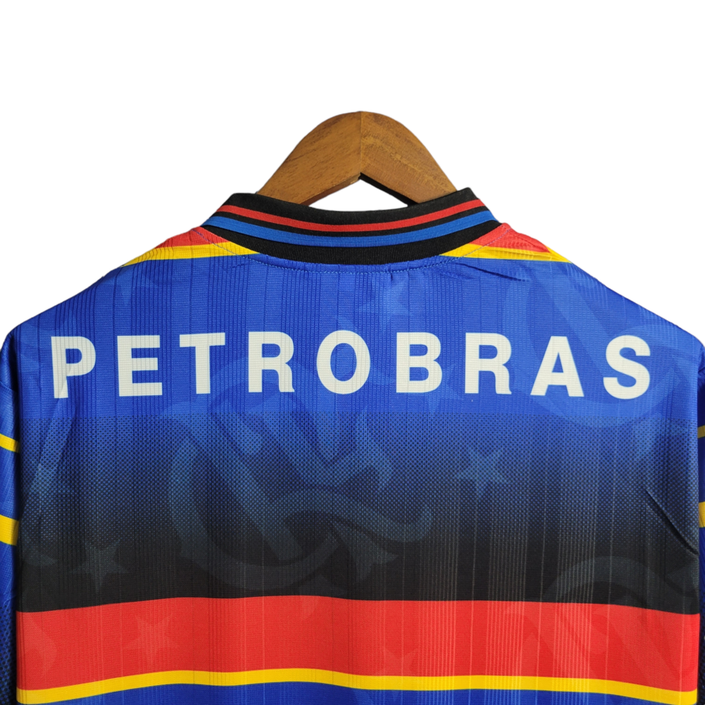 Camisa Flamengo II 1995 - Retrô Umbro - Azul com listras em amarelo preto e vermelho