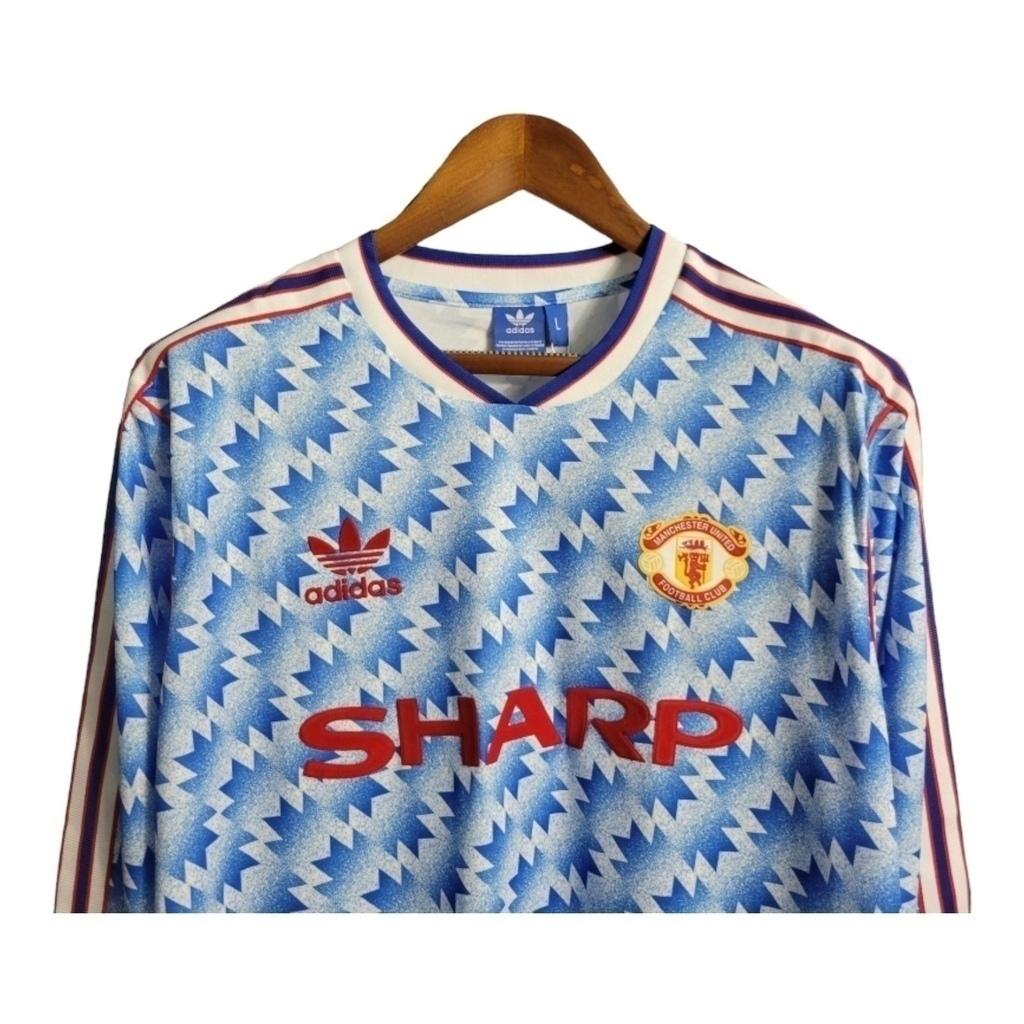 Camisa Manchester United II 1990/1992 Manga Longa - Retrô Adidas - Azul com detalhes em branco e vermelho
