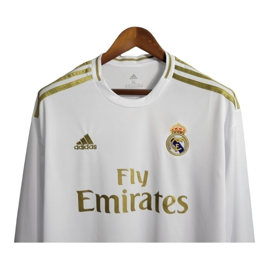 Camisa Real Madrid I 2019/2020 Manga Longa - Retrô Adidas - Branca com detalhes em dourado
