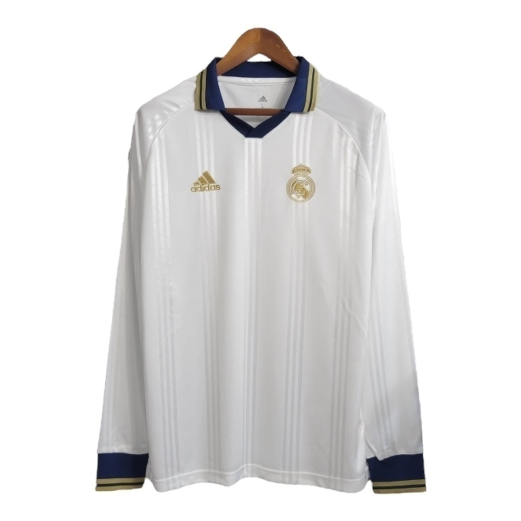 Camisa Real Madrid Treino 2019/2020 Manga Longa - Retrô Adidas - Branca com detalhes em azul e dourado