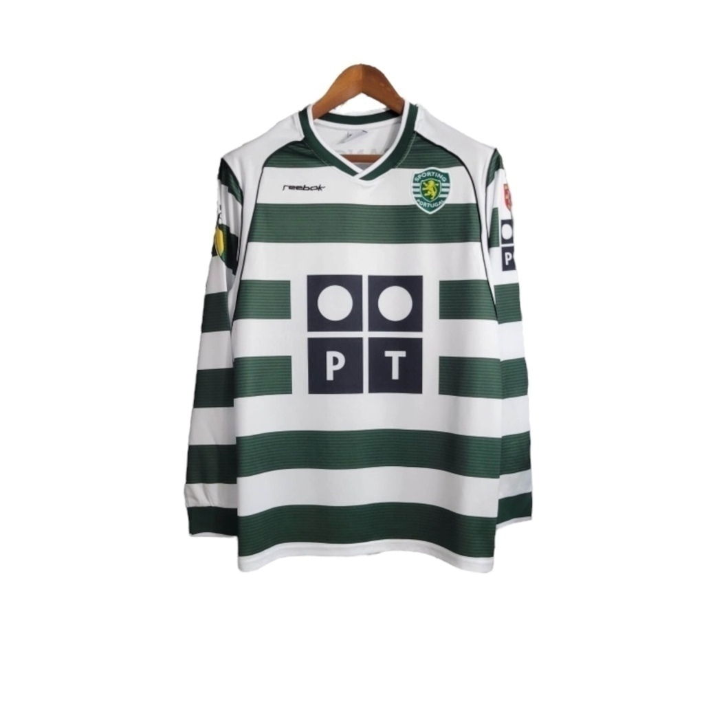 Camisa Sporting Lisboa I 2001/2003 Manga Longa - Retrô Reebok - Branca com detalhes em verde