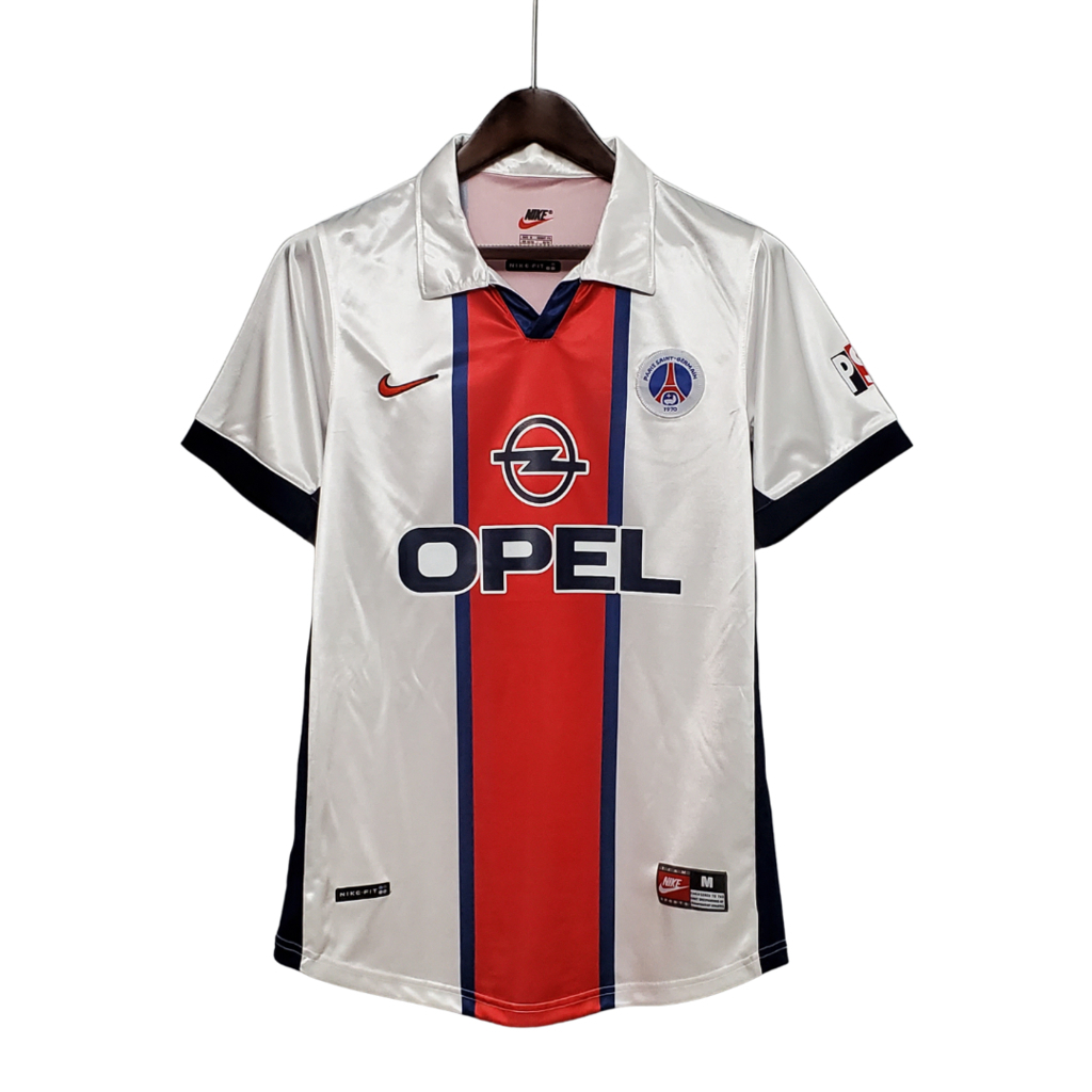 Camisa Paris Saint-Germain II 1998/1999 - Retrô Nike - Branca. azul e vermelha