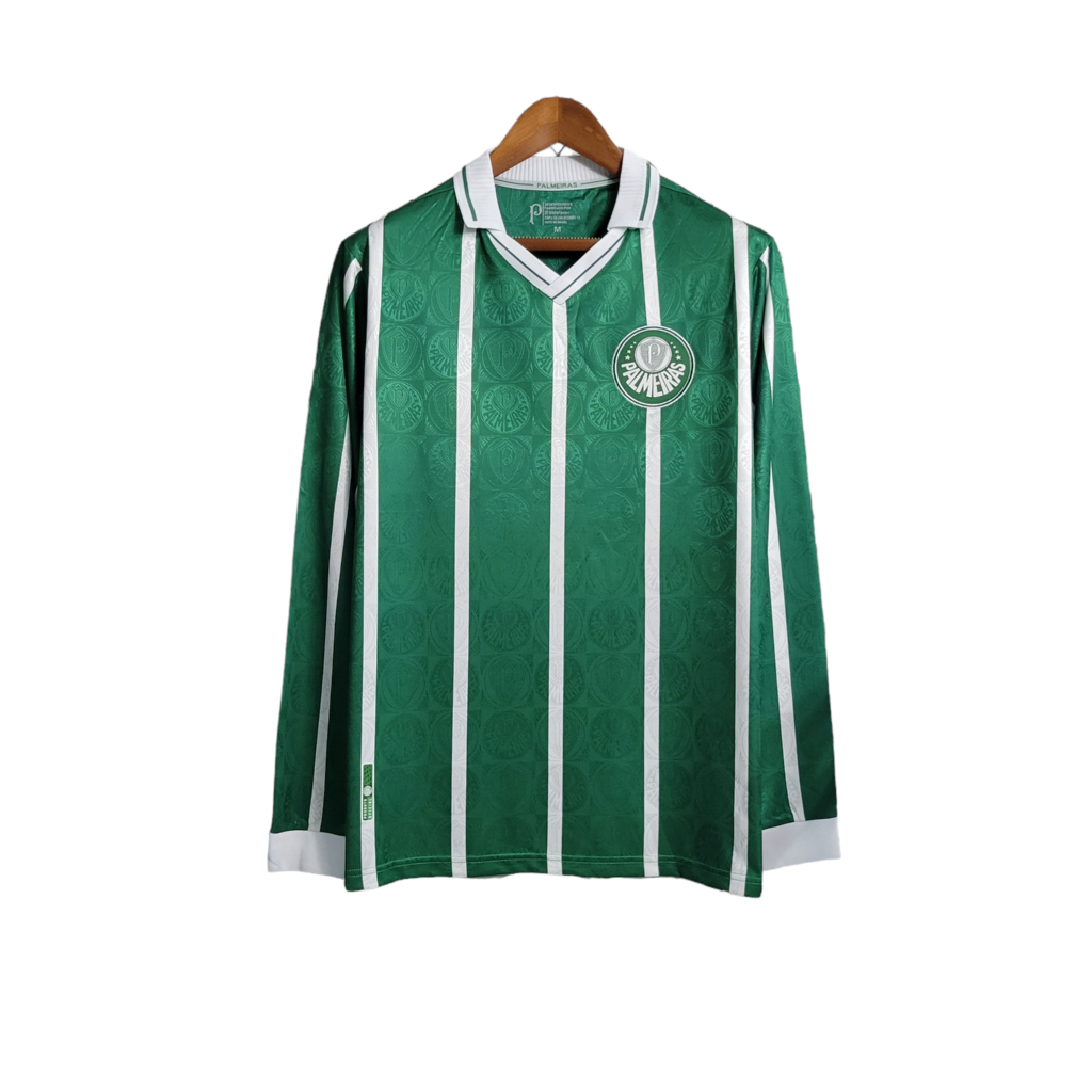 Camisa Palmeiras I 1993 Manga Longa - Retrô - Verde com listras em branco