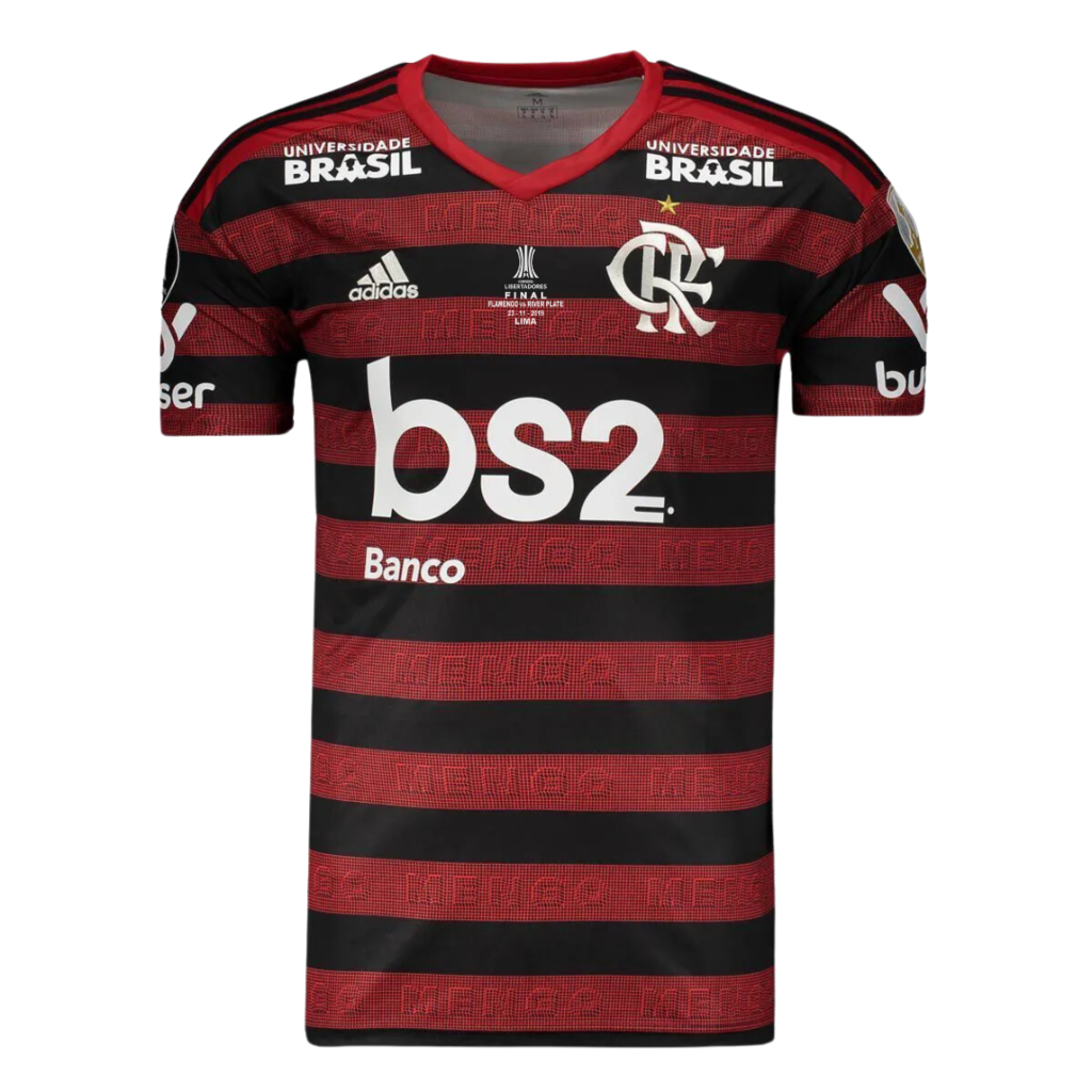 Camisa Flamengo 2019 - Retrô Adidas - Vermelha e Preta com todos os patrocínios e patches da Libertadores