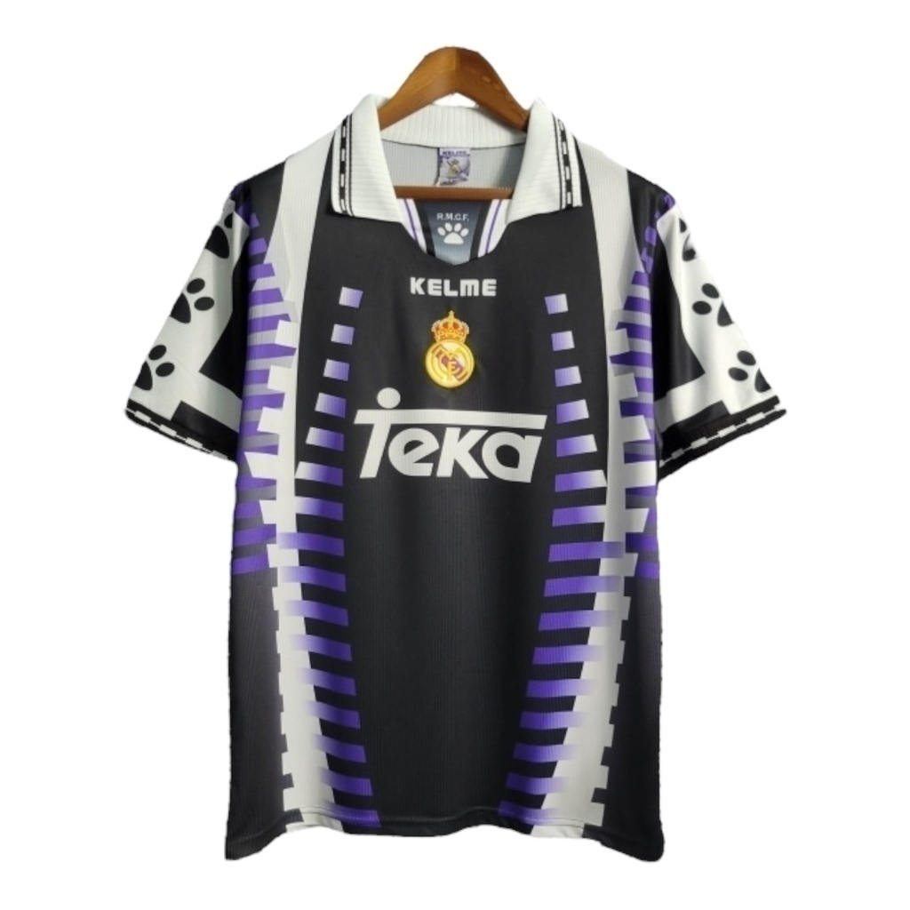 Camisa Real Madrid II 1997/1998 - Retrô Kelme - Branca com detalhes em preto e roxo