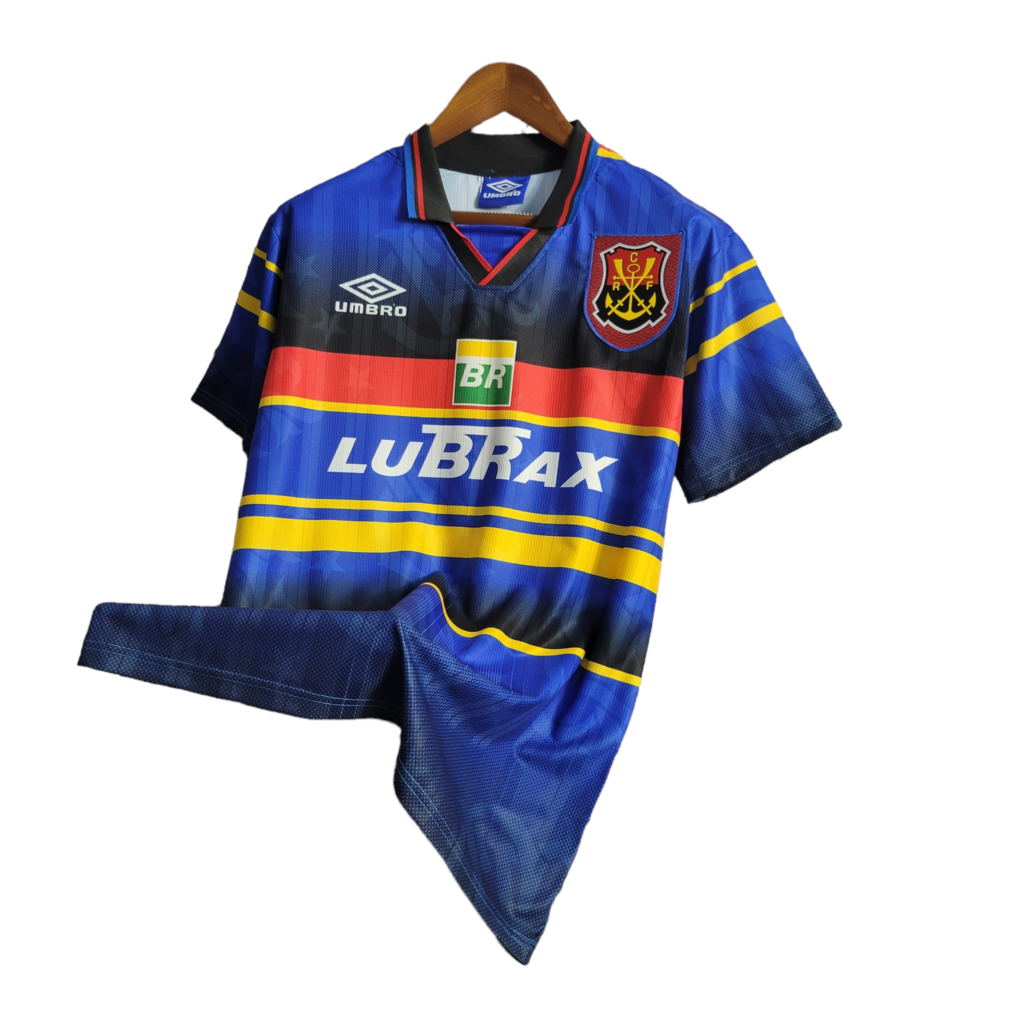 Camisa Flamengo II 1995 - Retrô Umbro - Azul com listras em amarelo preto e vermelho