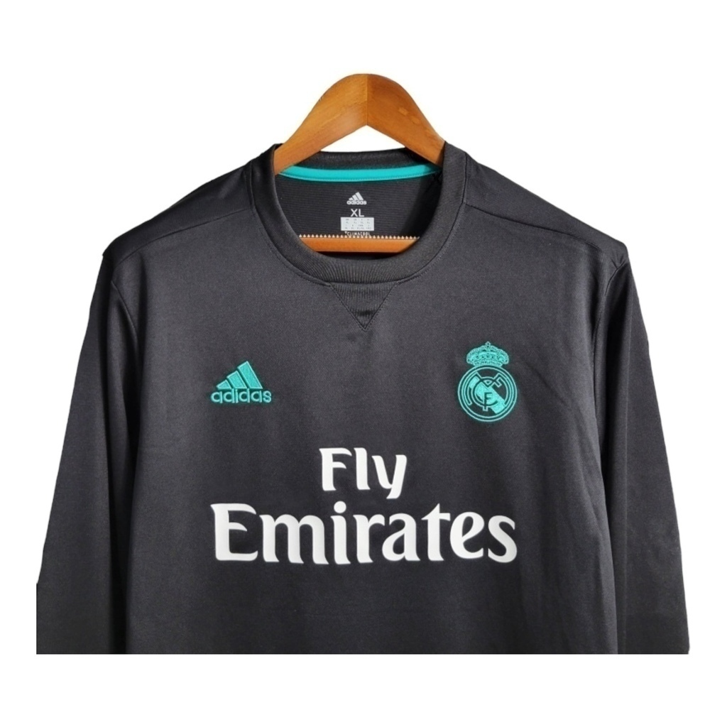 Camisa Real Madrid I 2017/2018 Manga Longa - Retrô Adidas - Preta com detalhes em verde