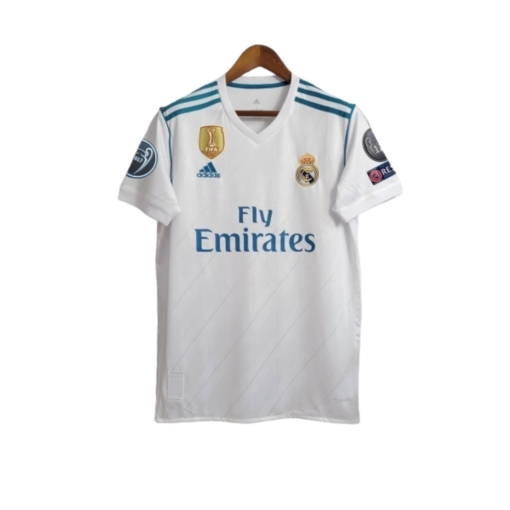 Camisa Real Madrid I 2017/2018 - Retrô Adidas - Branca com detalhes em azul com todos os patch