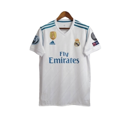 Camisa Real Madrid I 2017/2018 - Retrô Adidas - Branca com detalhes em azul com todos os patch