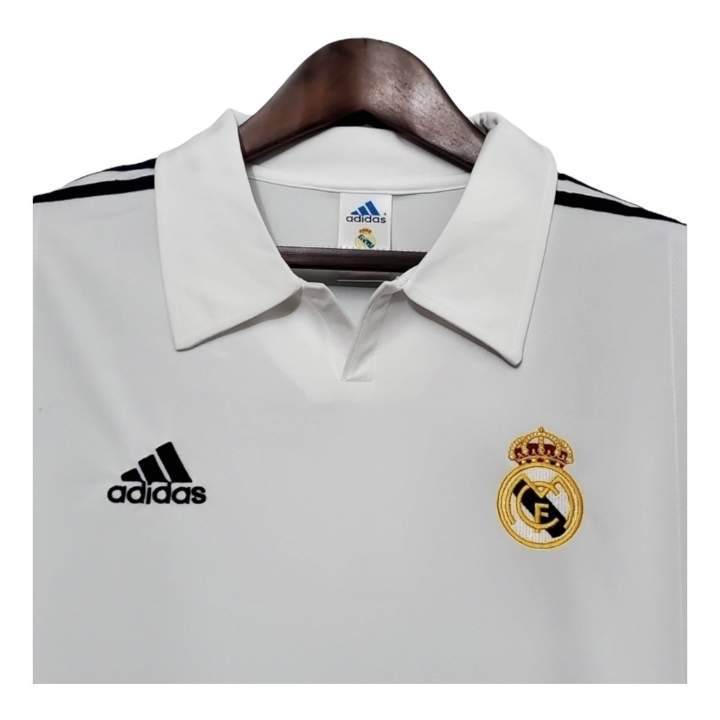 Camisa Real Madrid I 2002 Manga Longa - Retrô Adidas - Branca com listras pretas