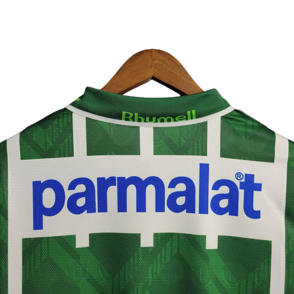 Camisa Palmeiras I 1996 - Retrô Rhumell - Verde com detalhes branco com patrocínio Parmalat