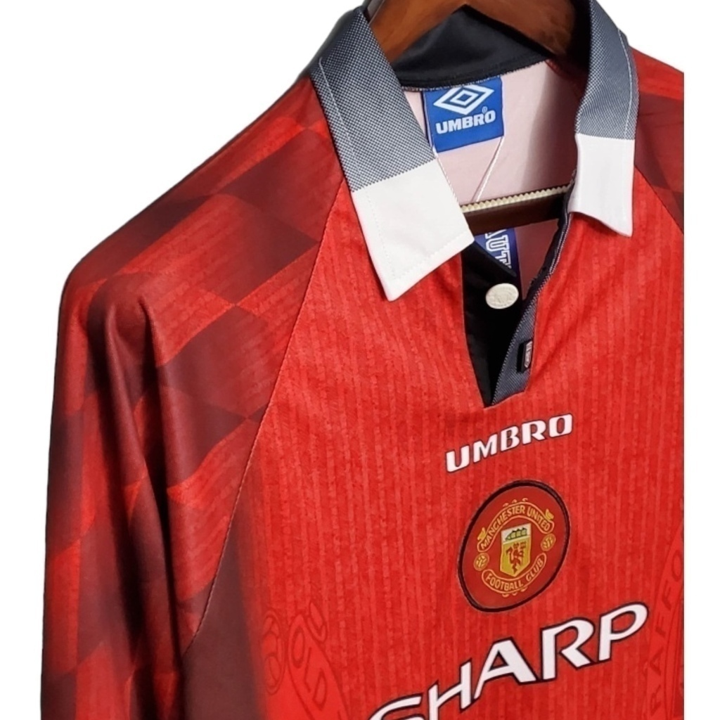 Camisa Manchester United I 1996 Manga Longa - Retrô Nike - Vermelha com detalhes em preto